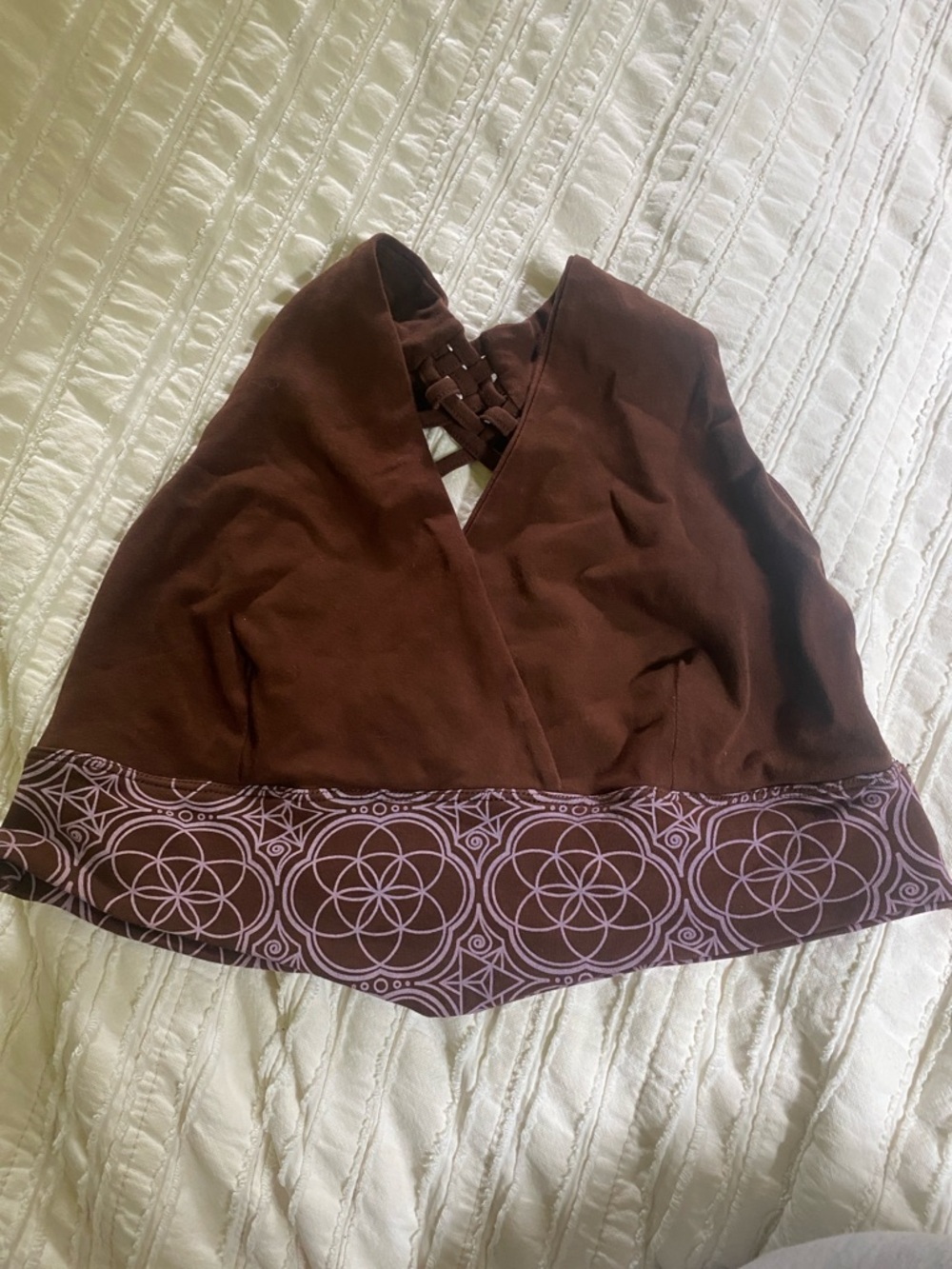 Brown Wrap Crop Top with Patterned Hem
